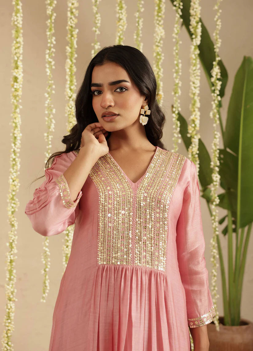 Gulabik Dusty Pink Sequence Work Ethnic Co‑Ord Set for Women