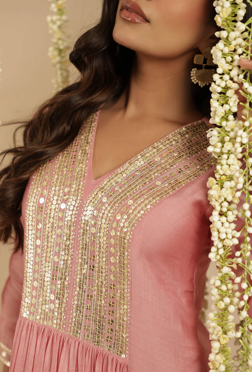 Gulabik Dusty Pink Sequence Work Ethnic Co‑Ord Set for Women