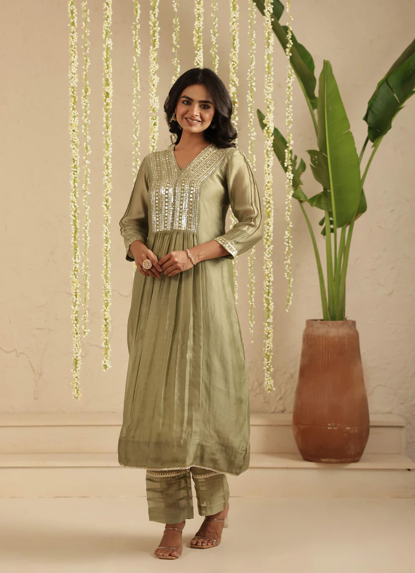 Gulabik Moss Green Sequin Work Ethnic Co‑Ord Set for Women