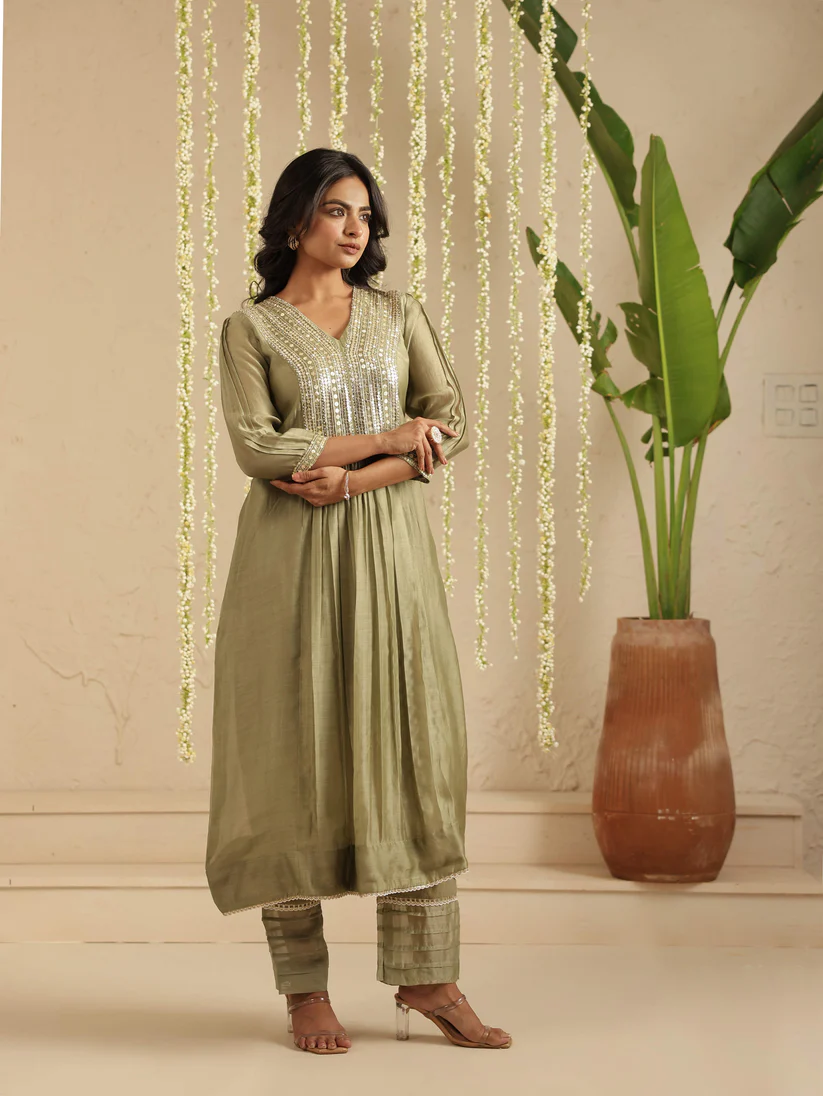 Gulabik Moss Green Sequin Work Ethnic Co‑Ord Set for Women