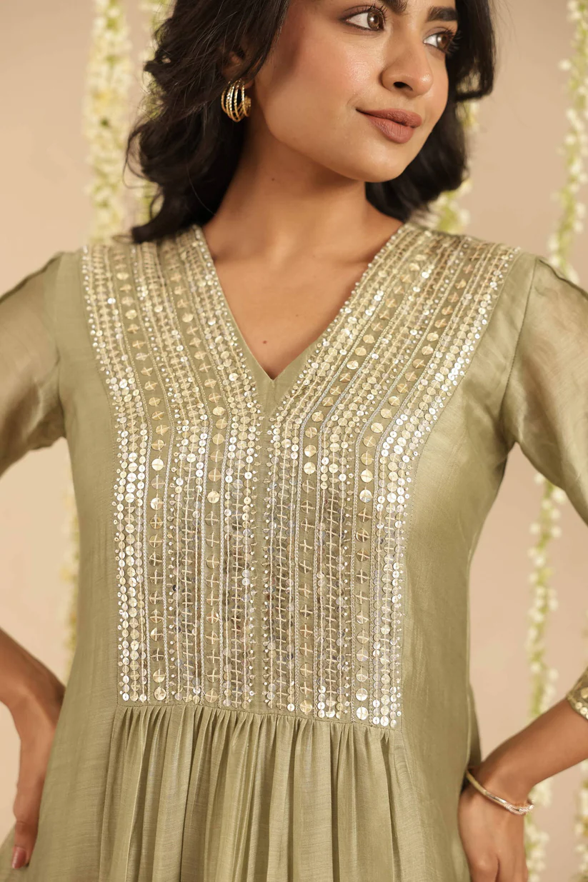 Gulabik Moss Green Sequin Work Ethnic Co‑Ord Set for Women