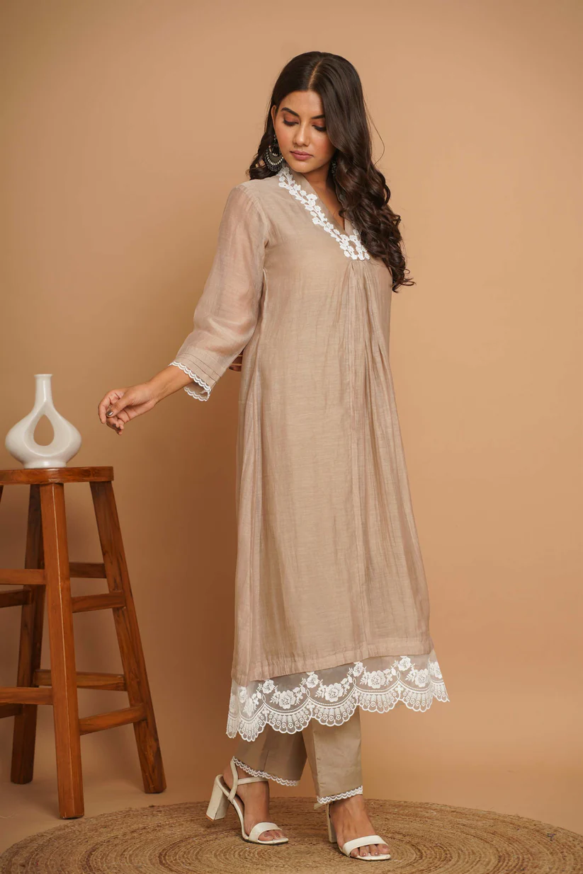 Gulabik Beige Lace Kurta Pant Set