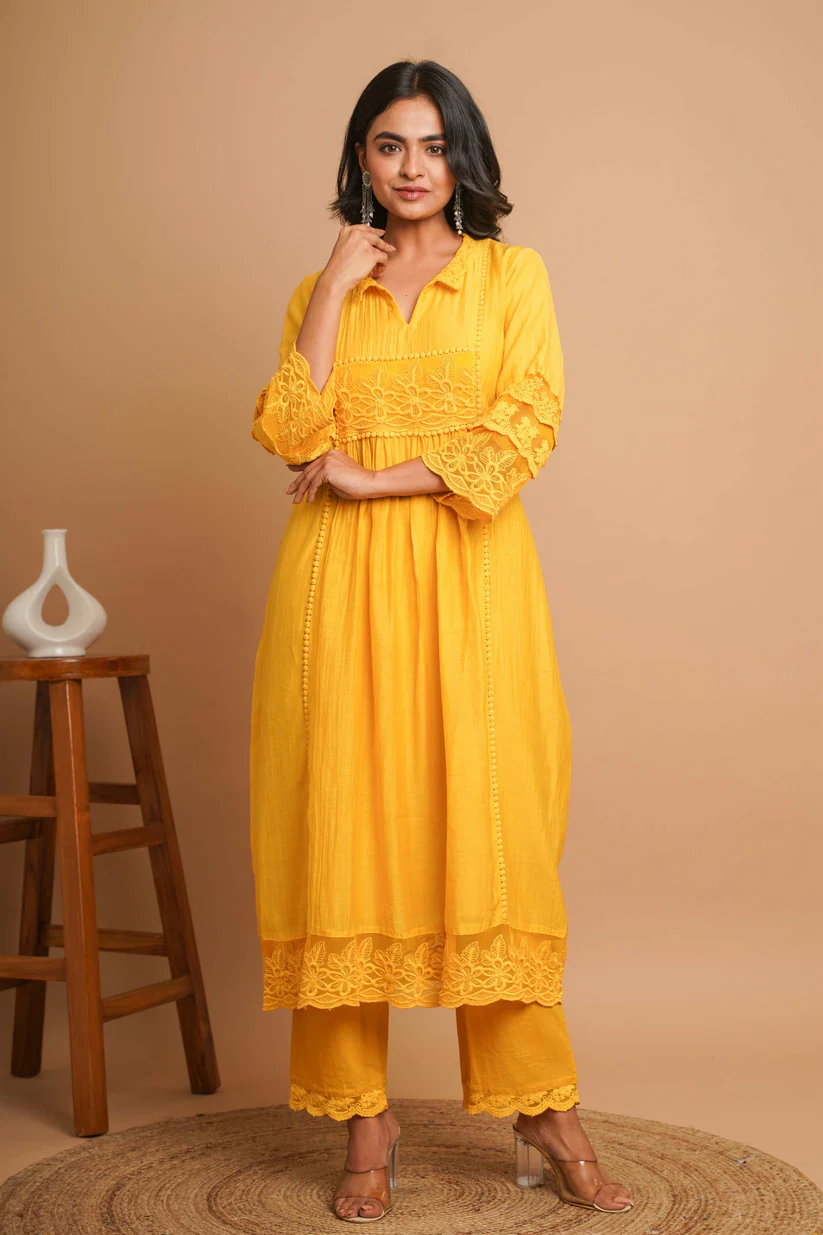 Gulabik Yellow Lace Kurta Pant Ethnic Suit Set for Women