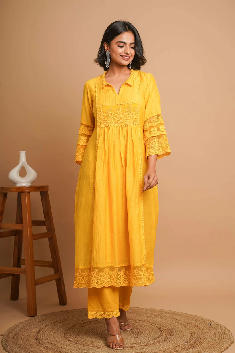 Gulabik Yellow Lace Kurta Pant Ethnic Suit Set for Women