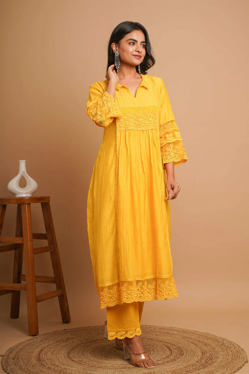 Gulabik Yellow Lace Kurta Pant Ethnic Suit Set for Women