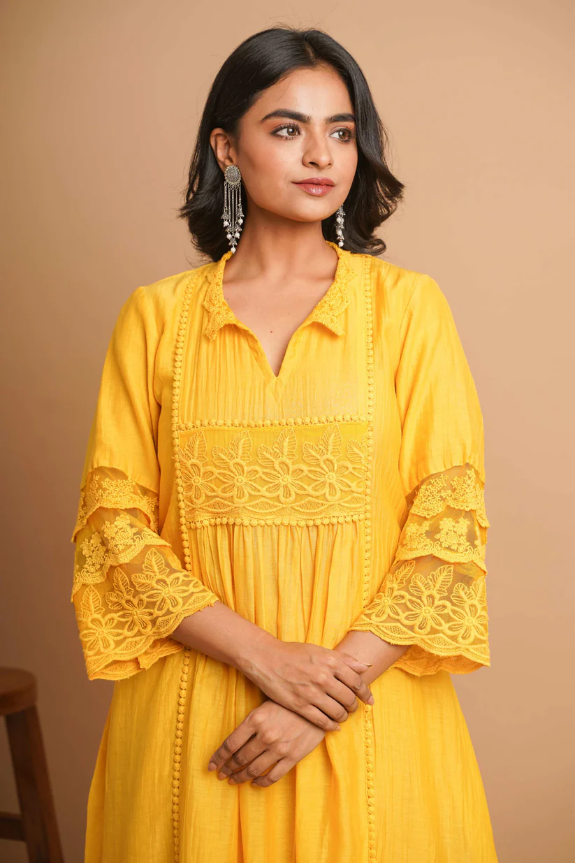 Gulabik Yellow Lace Kurta Pant Ethnic Suit Set for Women