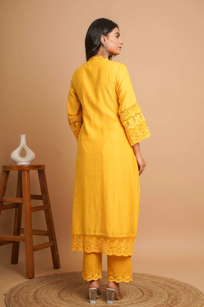 Gulabik Yellow Lace Kurta Pant Ethnic Suit Set for Women