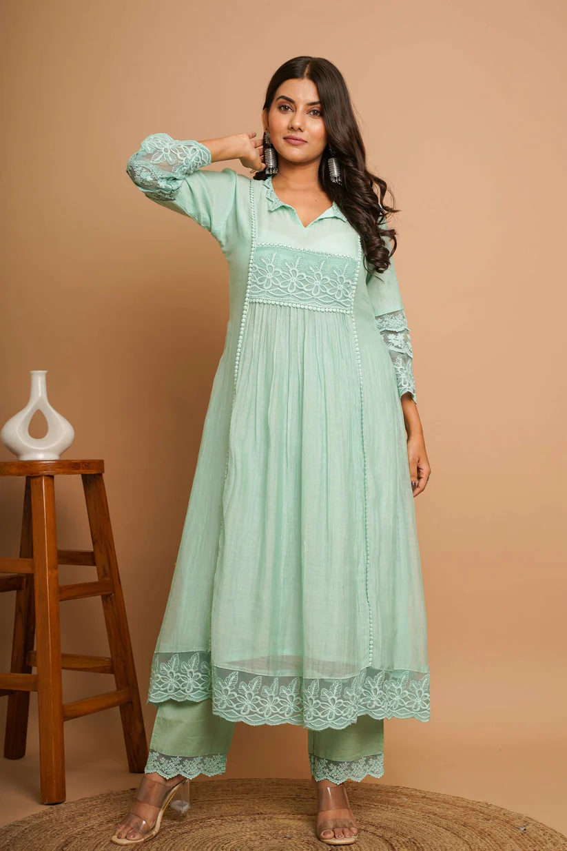 Gulabik Dusty Green Lace Kurta Pant Set for Women