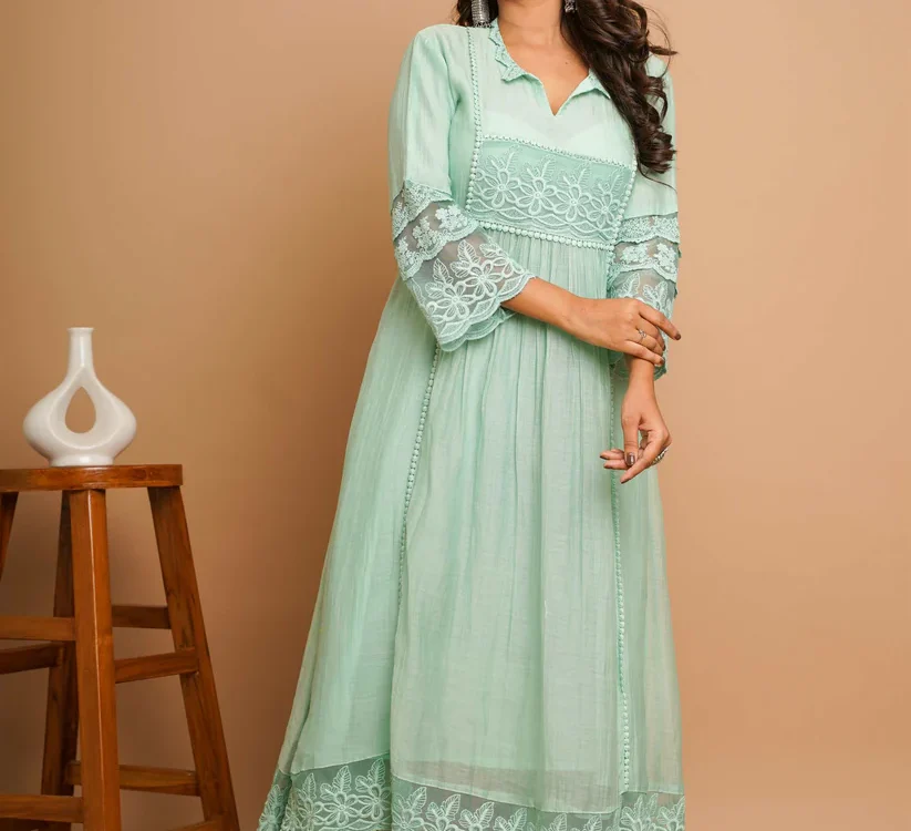 Gulabik Dusty Green Lace Kurta Pant Set for Women