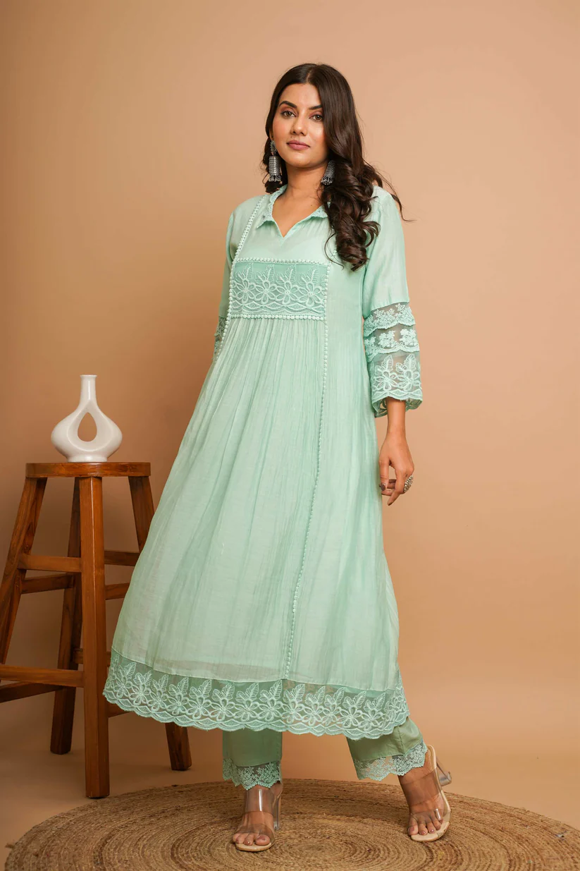 Gulabik Dusty Green Lace Kurta Pant Set for Women