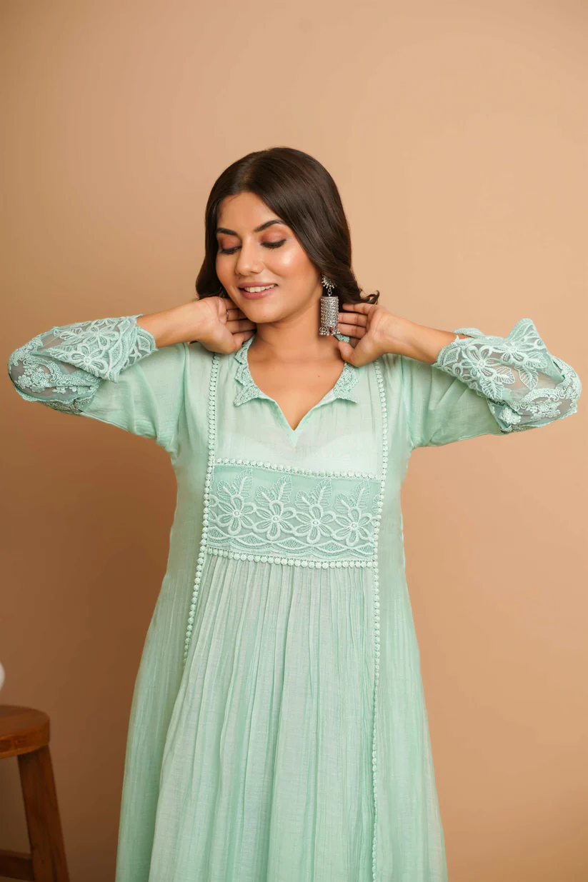 Gulabik Dusty Green Lace Kurta Pant Set for Women