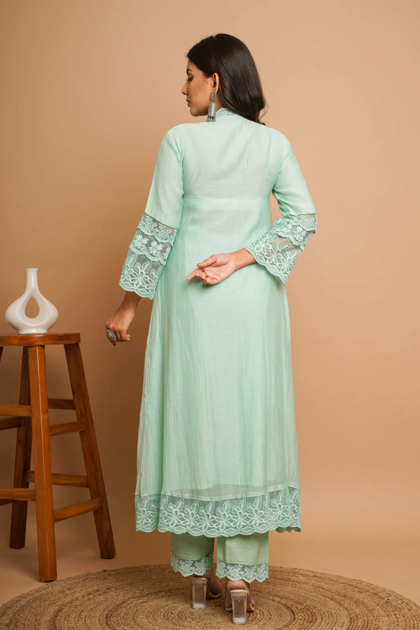 Gulabik Dusty Green Lace Kurta Pant Set for Women