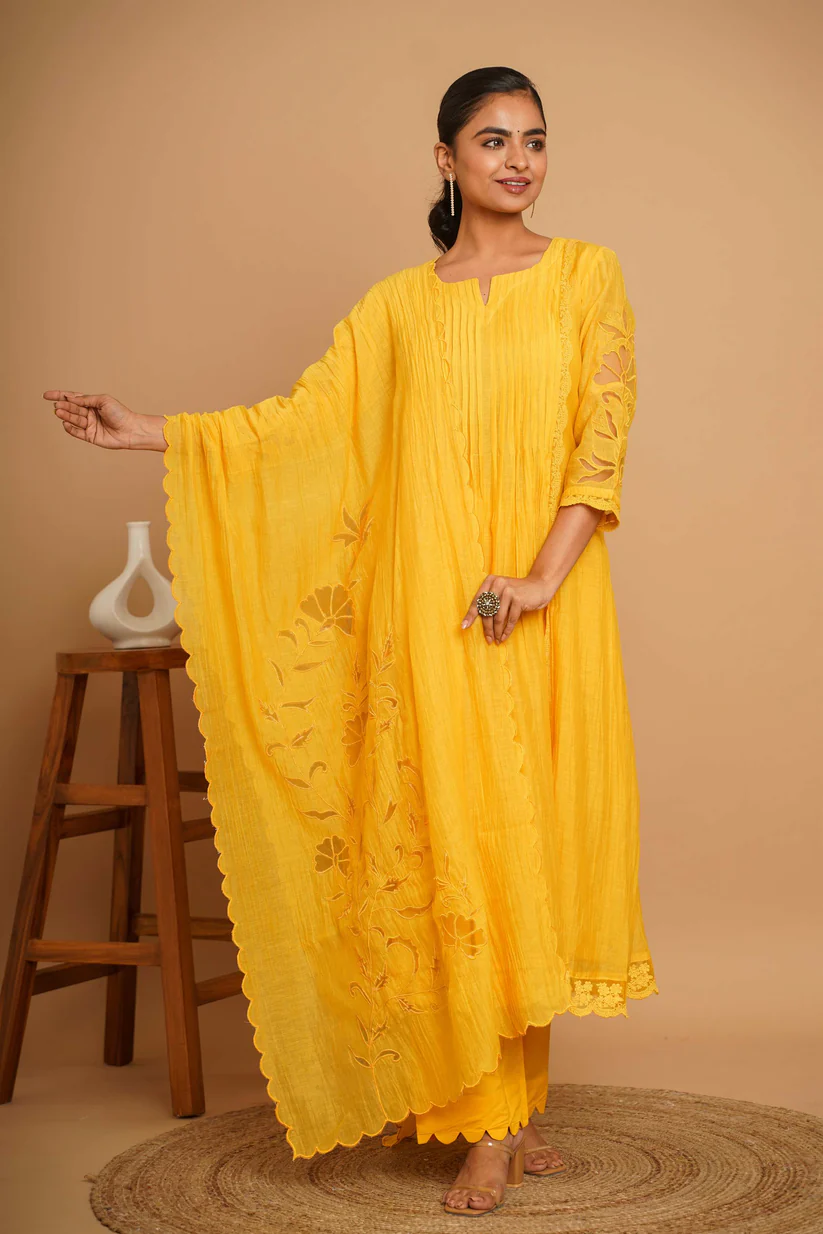 Gulabik Yellow Net Applique Suit Set