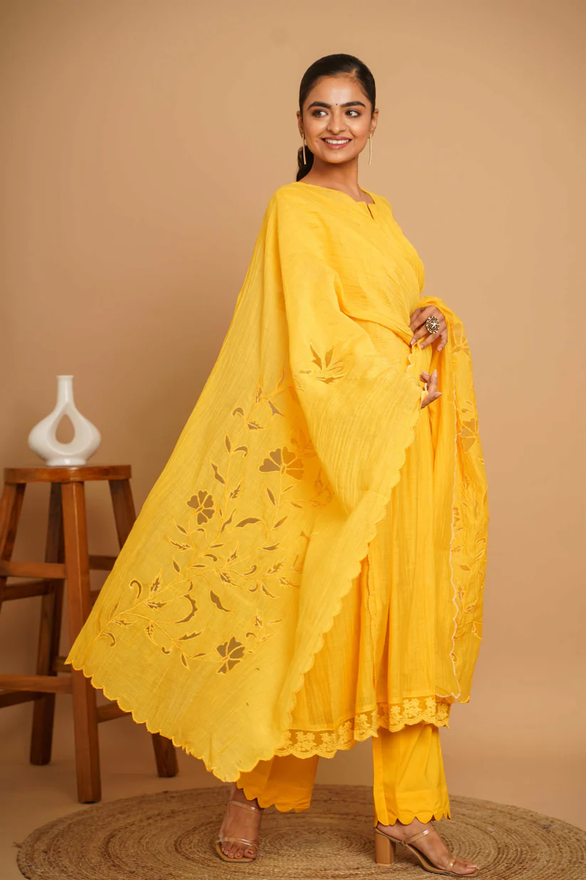 Gulabik Yellow Net Applique Suit Set