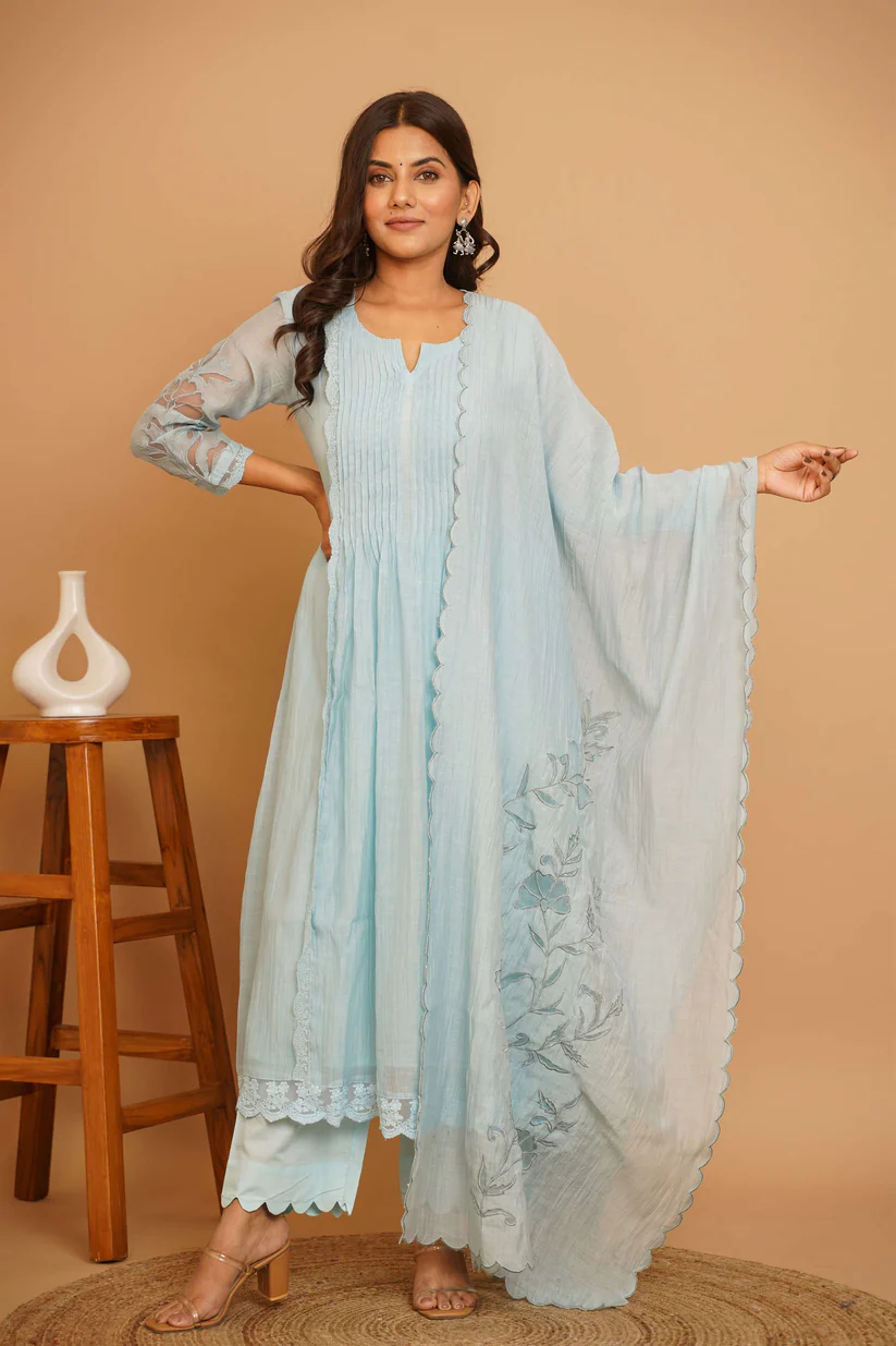 Gulabik Powder Blue Net Applique Suit Set