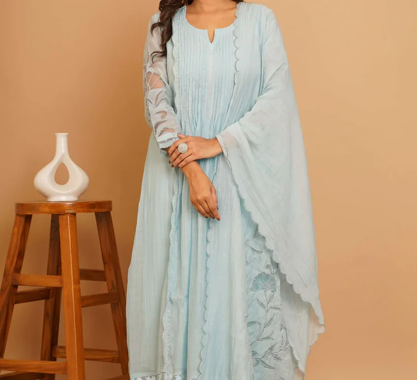 Gulabik Powder Blue Net Applique Suit Set