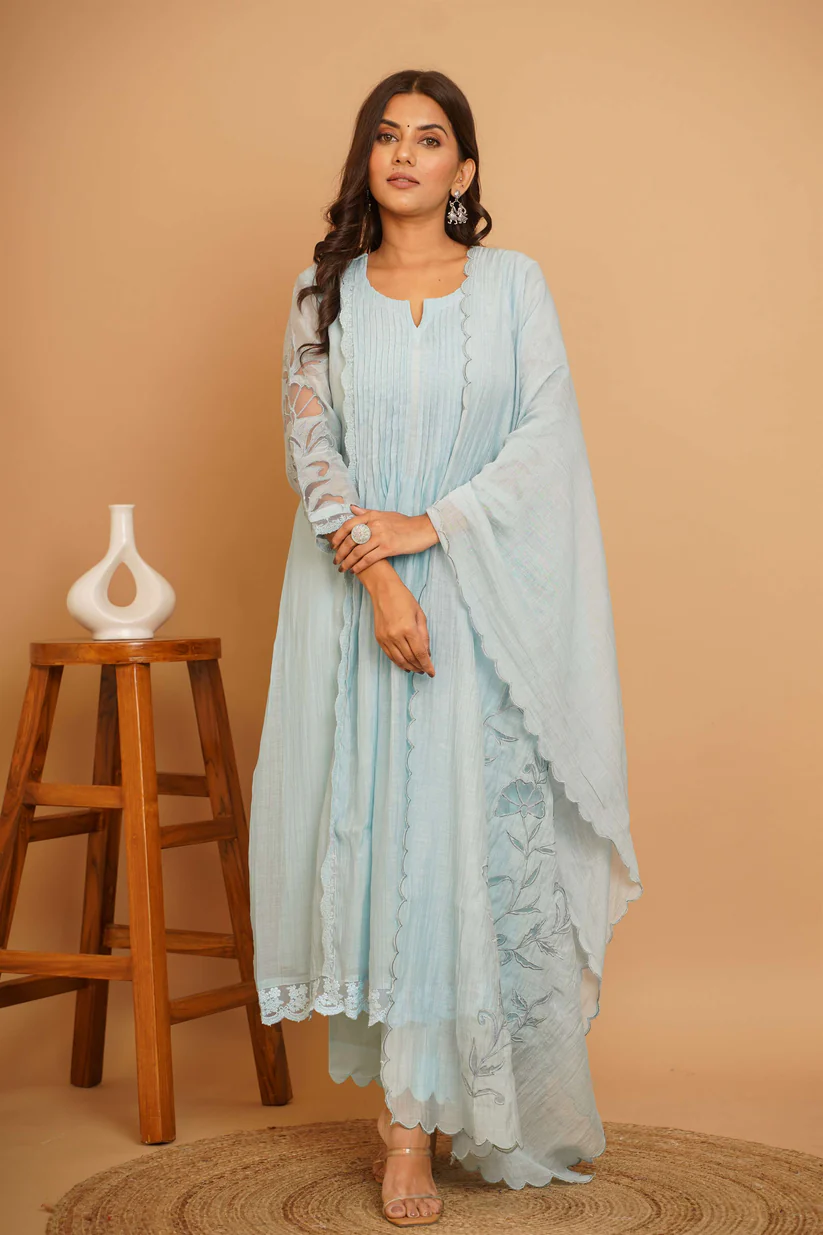 Gulabik Powder Blue Net Applique Suit Set