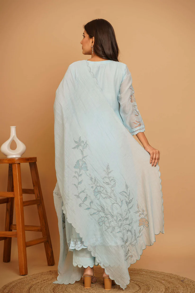 Gulabik Powder Blue Net Applique Suit Set