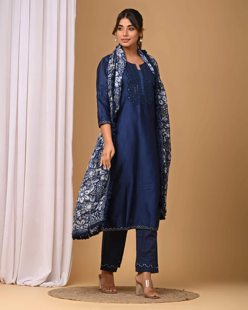 Gulabik Navy Straight Suit Set with Chiffon Dupatta