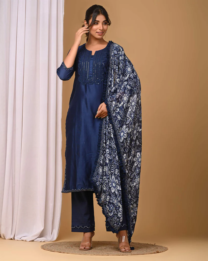 Gulabik Navy Straight Suit Set with Chiffon Dupatta