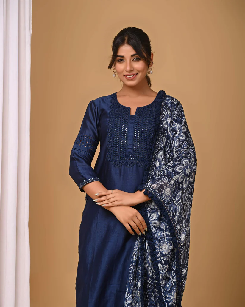 Gulabik Navy Straight Suit Set with Chiffon Dupatta