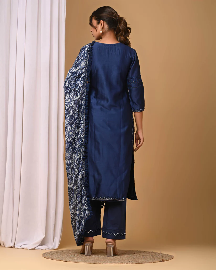 Gulabik Navy Straight Suit Set with Chiffon Dupatta