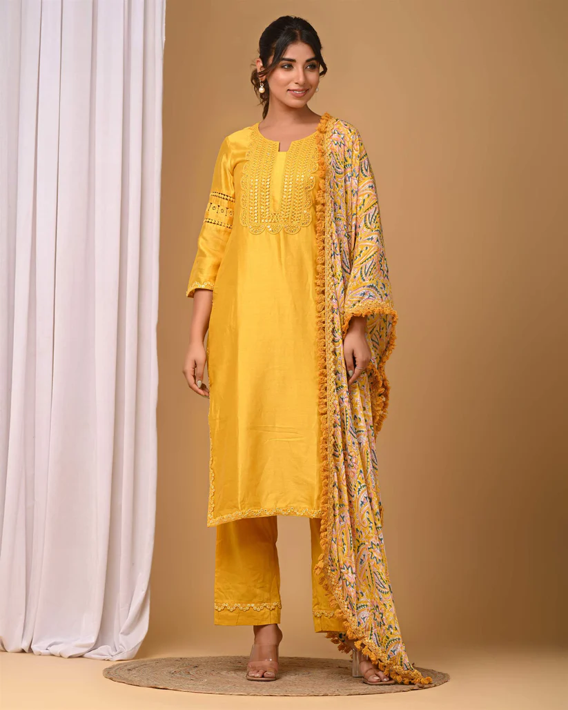Gulabik Yellow Straight Suit Set with Chiffon Dupatta