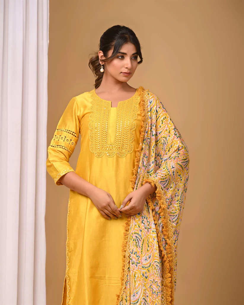 Gulabik Yellow Straight Suit Set with Chiffon Dupatta