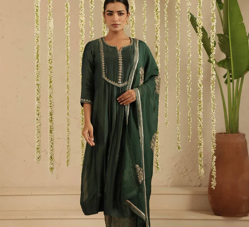Gulabik Bottle Green Sequence Suit Set