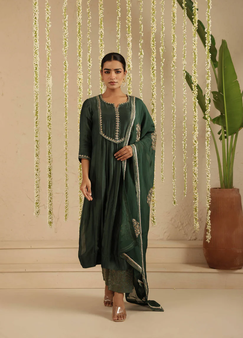 Gulabik Bottle Green Sequence Suit Set