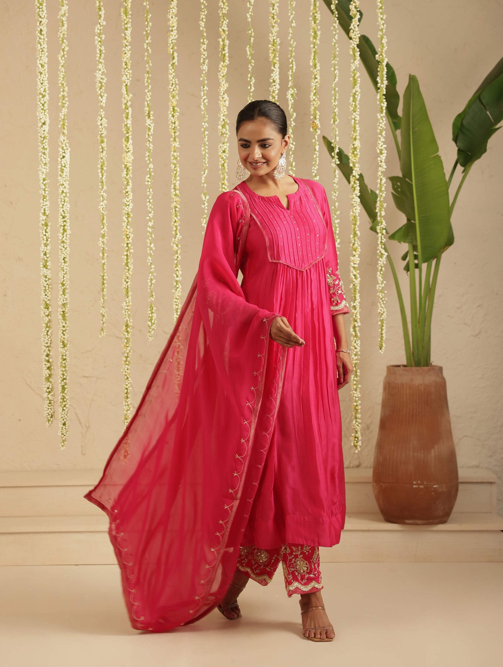 Gulabik Hot Pink Top and Bottom Hand Embroidered Set
