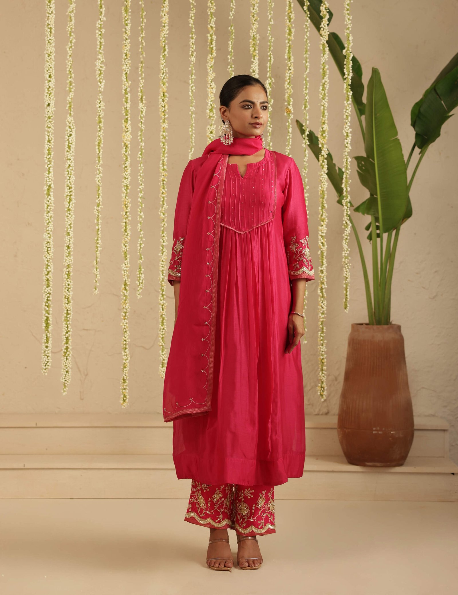 Gulabik Hot Pink Top and Bottom Hand Embroidered Set