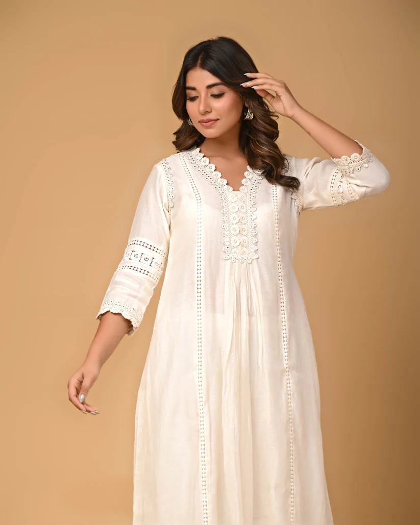 Gulabik Pearl White Kurta Pant Set for Women