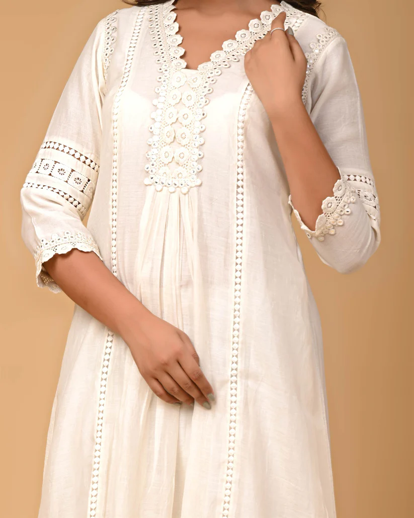 Gulabik Pearl White Kurta Pant Set for Women