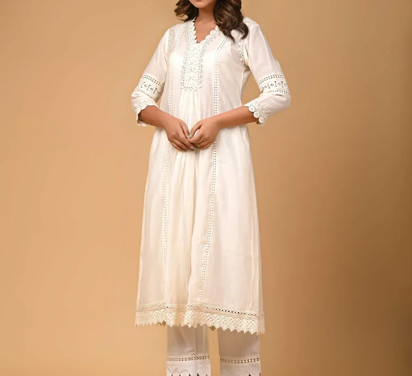 Gulabik Pearl White Kurta Pant Set for Women