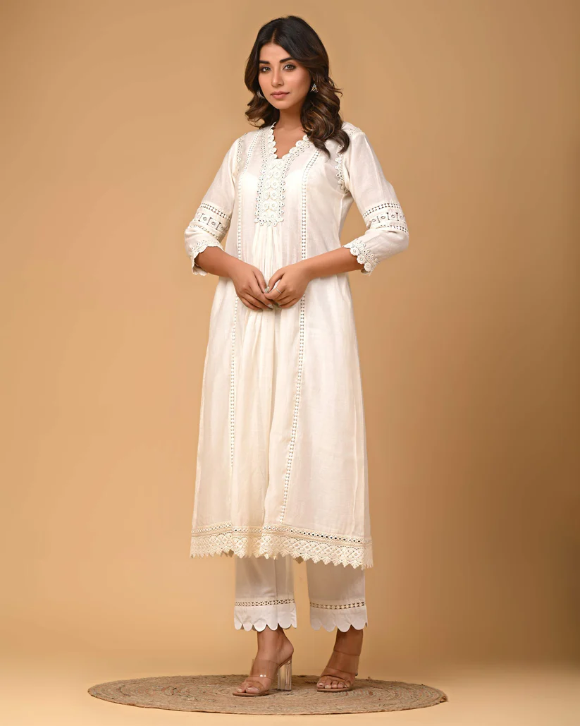 Gulabik Pearl White Kurta Pant Set for Women