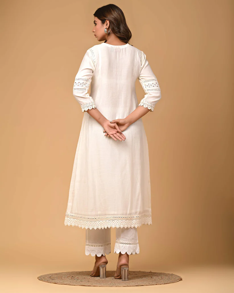 Gulabik Pearl White Kurta Pant Set for Women