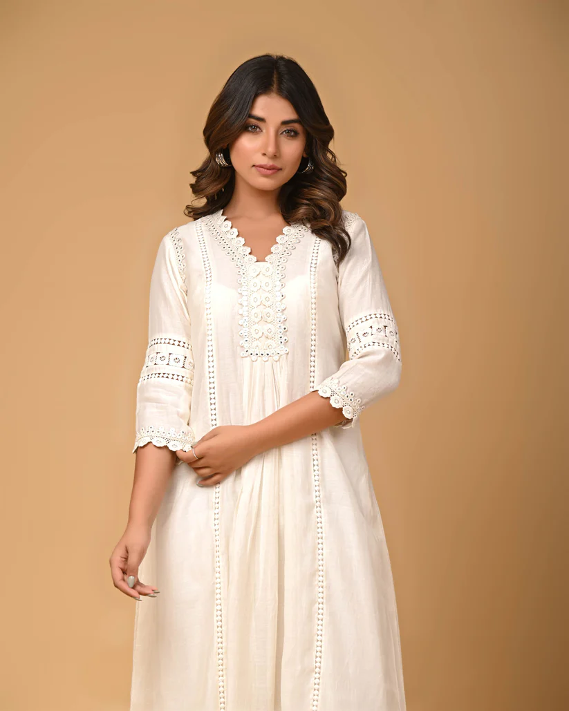 Gulabik Pearl White Kurta Pant Set for Women